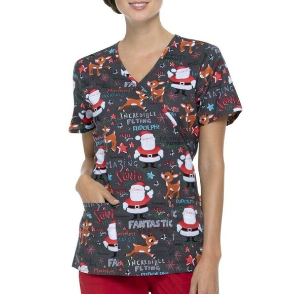 Rudolph The Red Nosed Reindeer Christmas Scrub Top Size XL Gray Red Medical - Picture 4 of 4